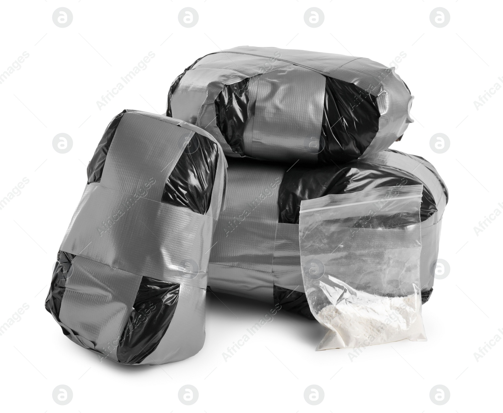 Photo of Packages with narcotics isolated on white. Drug addiction