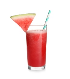 Tasty summer watermelon drink in glass on white background