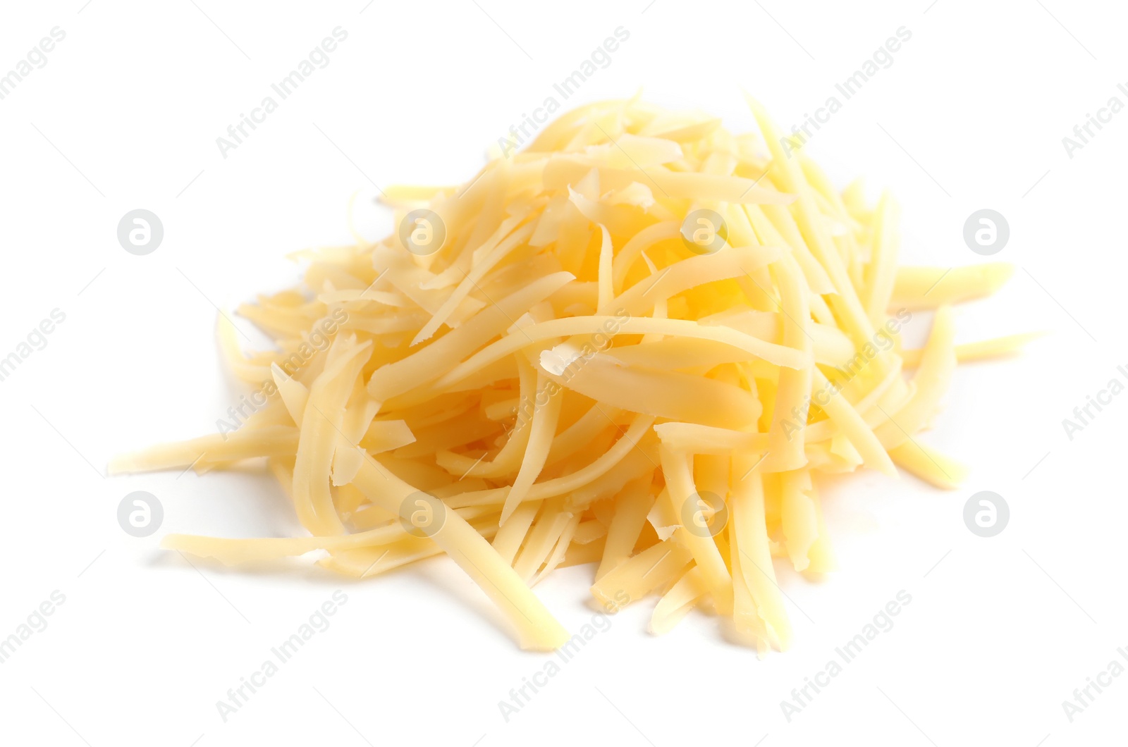 Photo of Heap of grated delicious cheese on white background