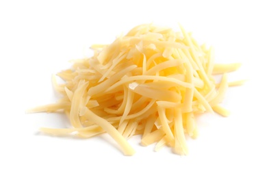 Heap of grated delicious cheese on white background