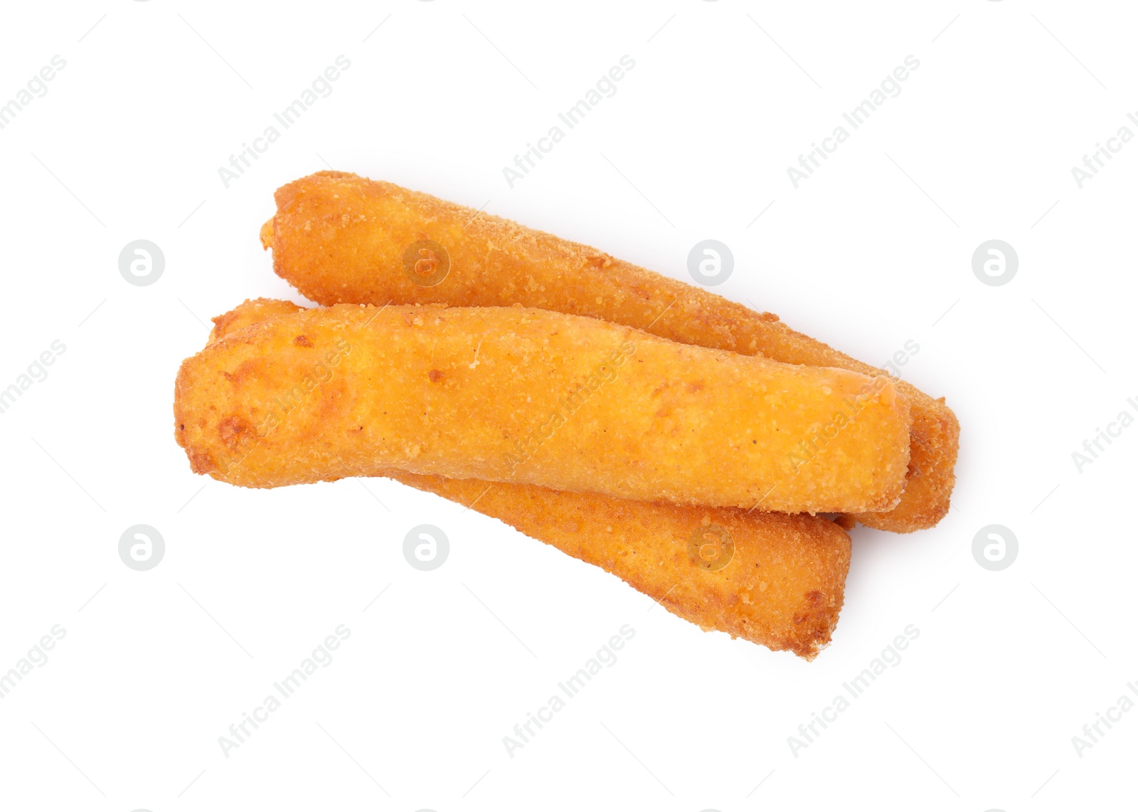 Photo of Tasty fried mozzarella sticks isolated on white, top view