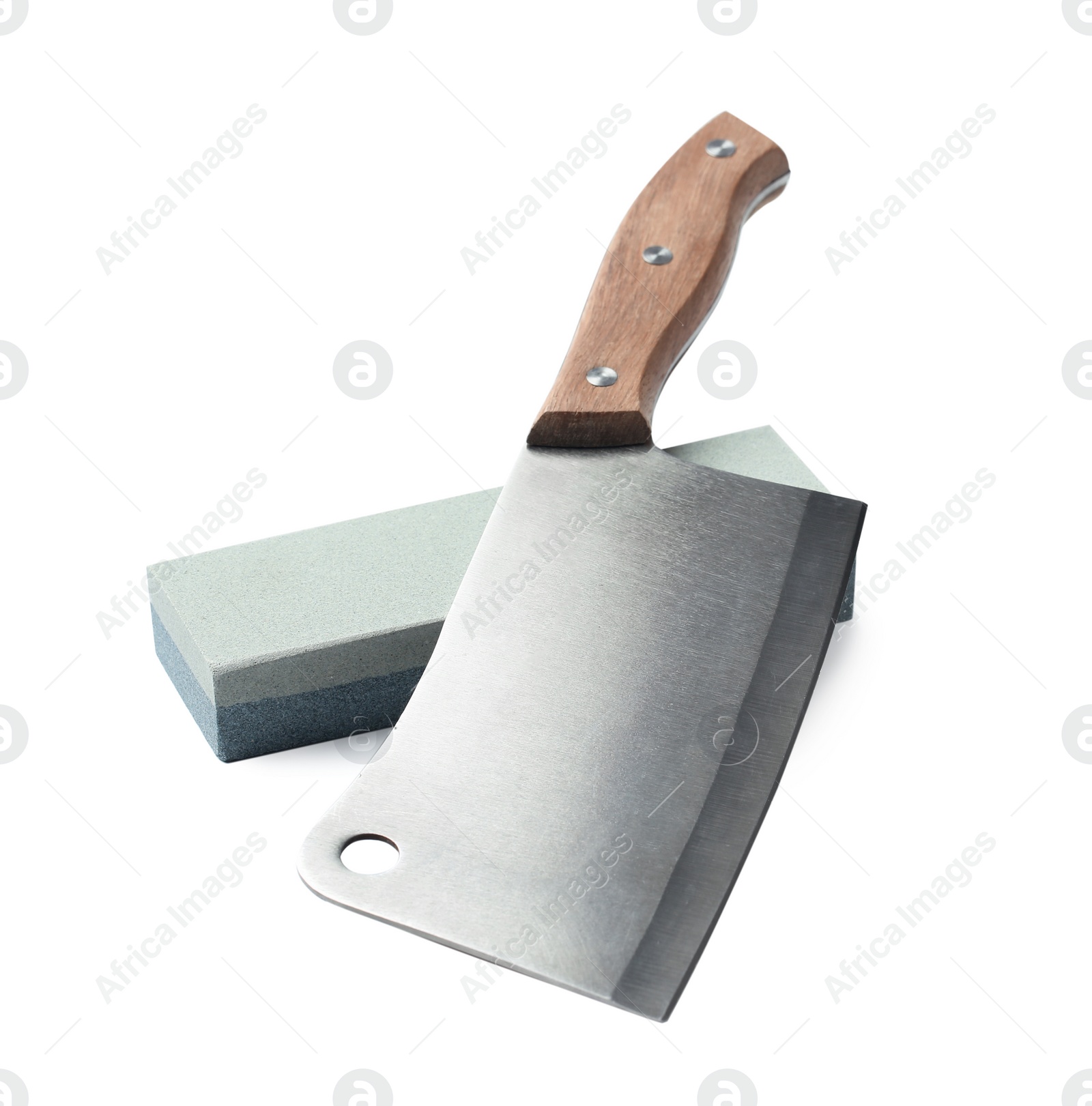 Photo of Sharp cleaver knife and grindstone isolated on white