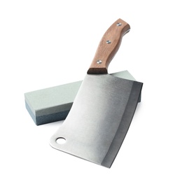 Photo of Sharp cleaver knife and grindstone isolated on white