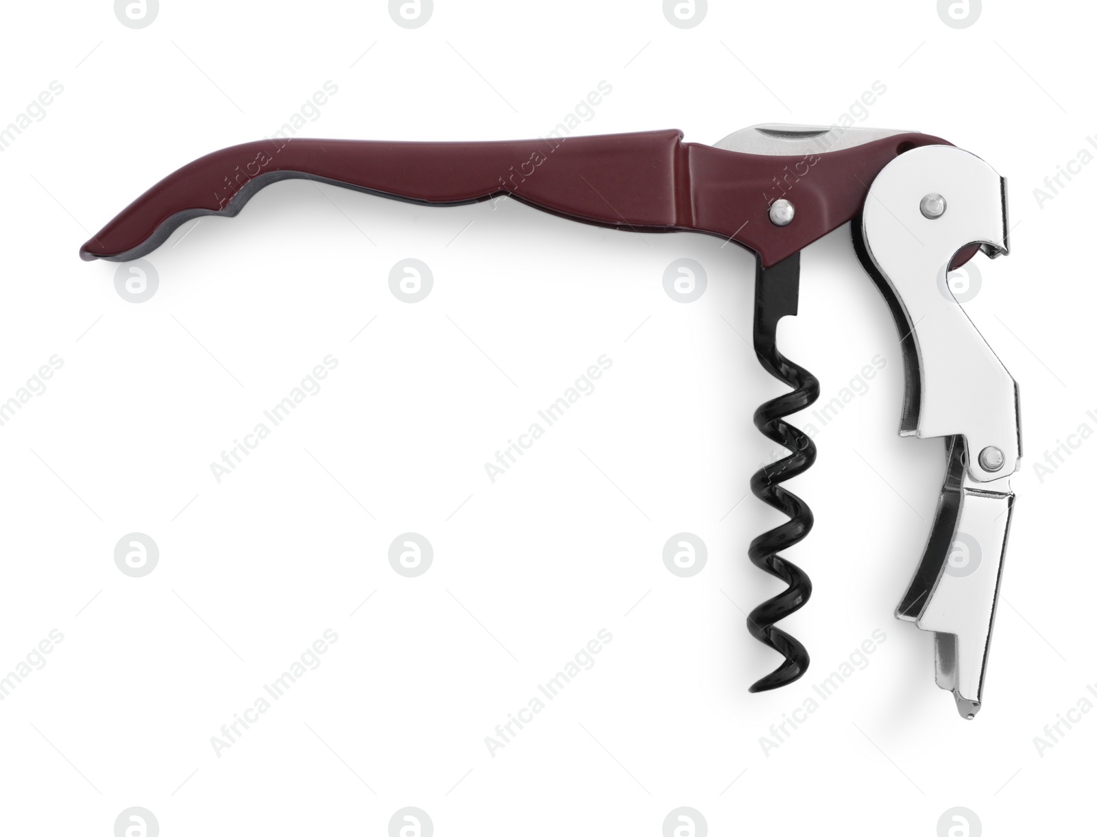 Photo of One corkscrew (sommelier knife) isolated on white, top view