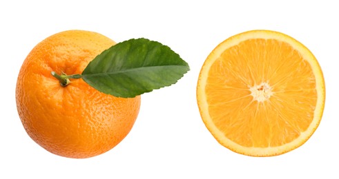 Image of Tasty ripe oranges on white background, top view. Banner design 