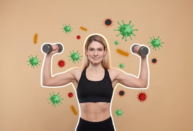 Image of Healthy woman with glowing silhouette surrounded by drawn viruses on beige background. Sporty lifestyle - base of strong immunity