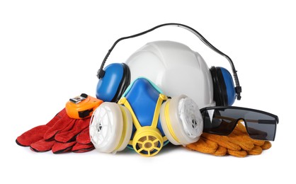 Different personal protective equipment on white background