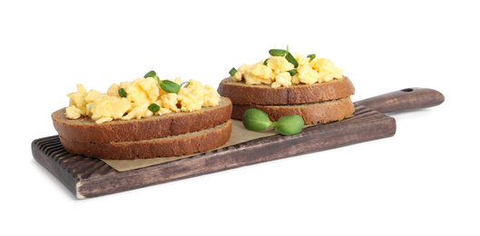 Tasty scrambled egg sandwiches isolated on white