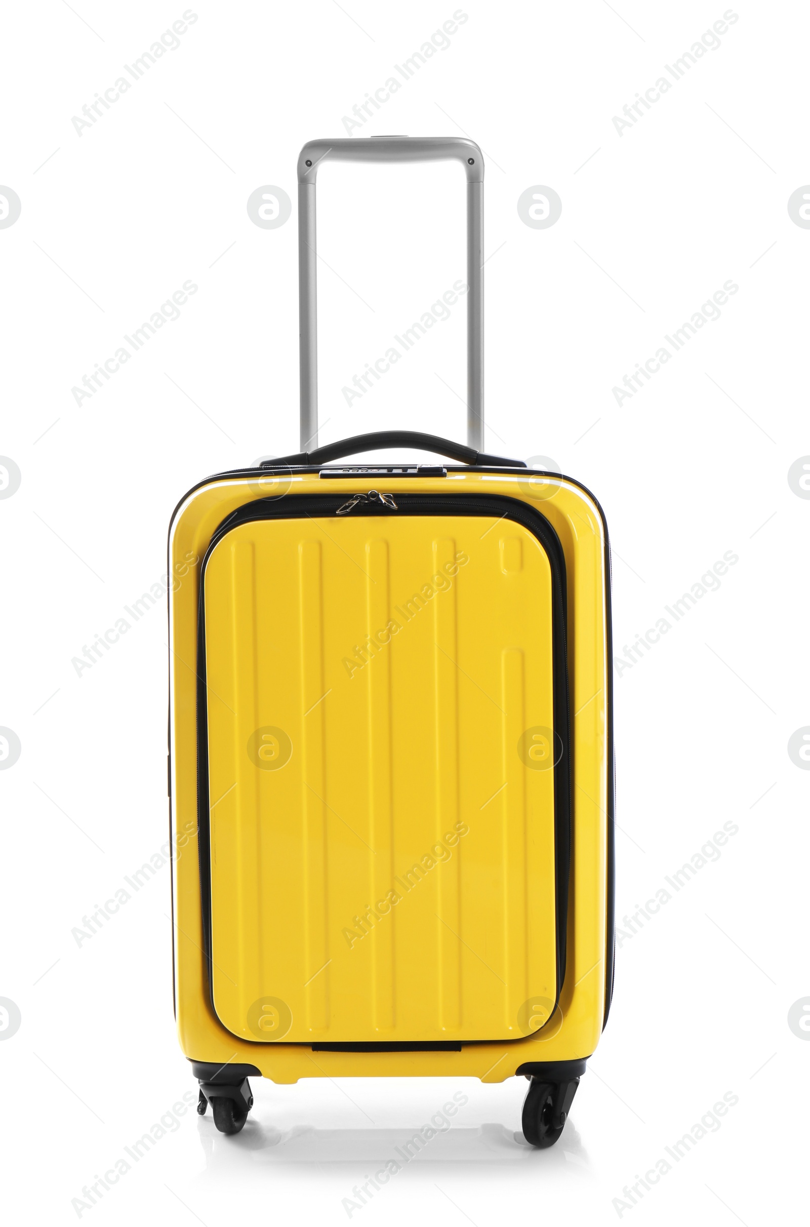 Photo of Yellow suitcase for travelling on white background