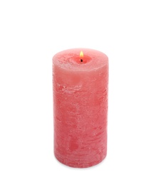 New pillar wax candle burning on white background