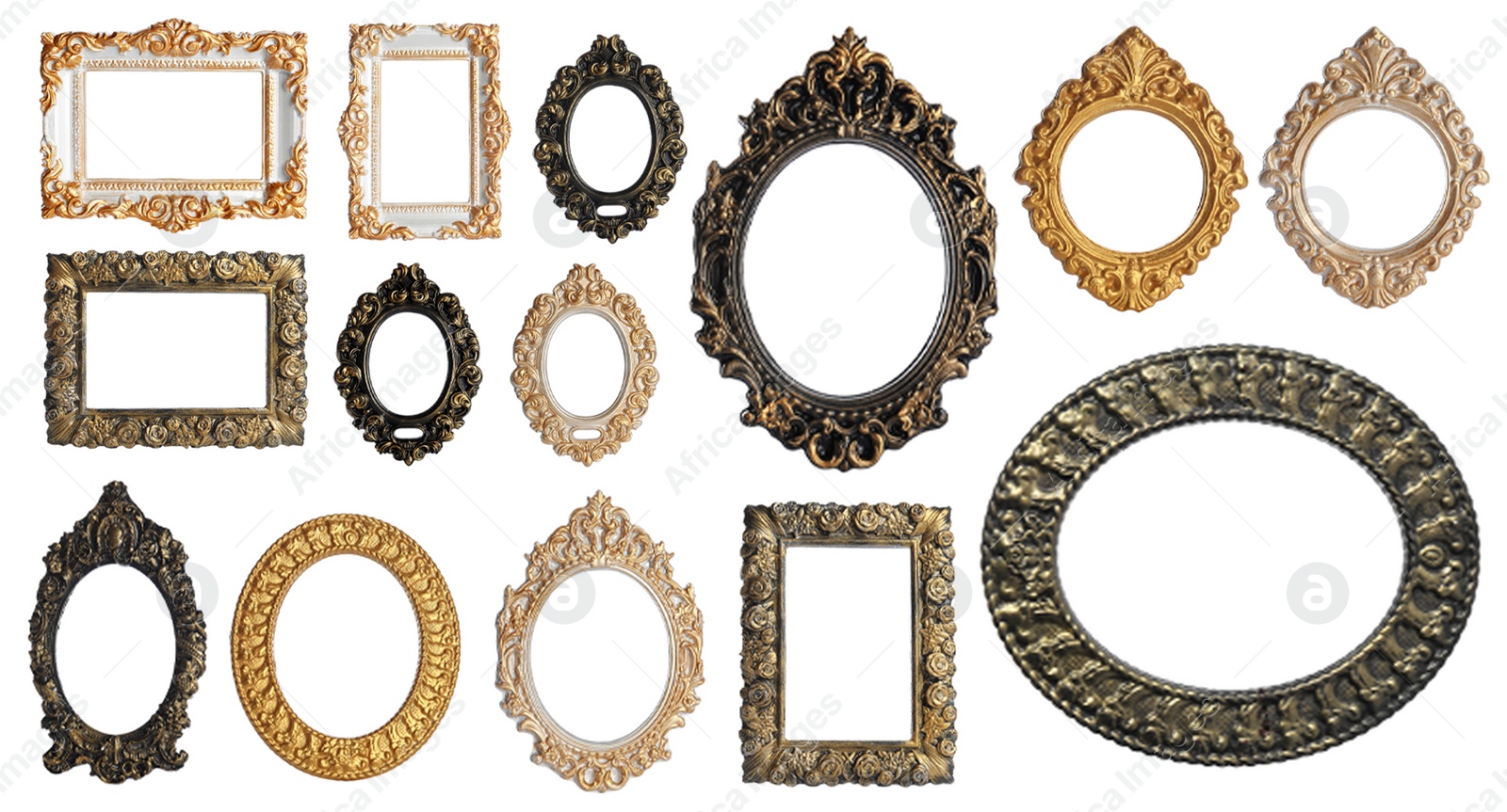 Image of Set of different old fashioned frames on white background