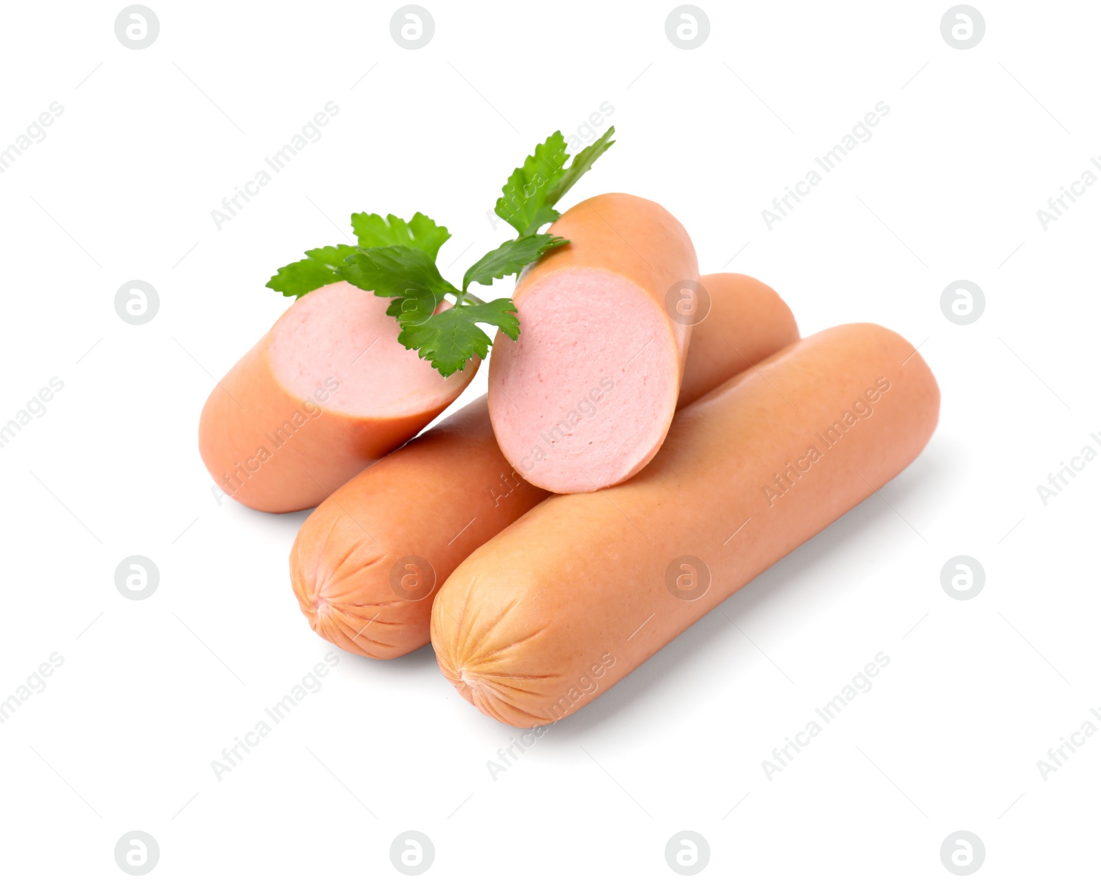 Photo of Whole and cut delicious boiled sausages with parsley on white background