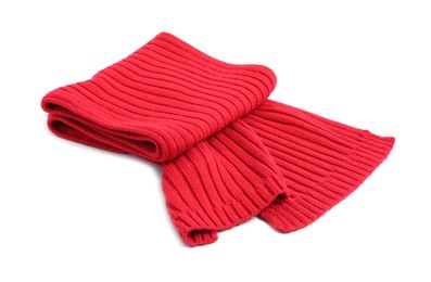 One red knitted scarf on white background