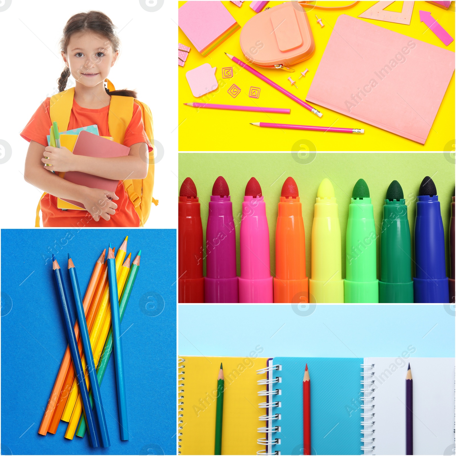 Image of Collage with photos of cute girl and different stationery. Back to school