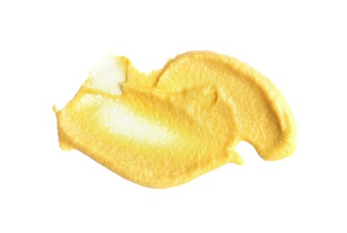 Photo of Smear of delicious mustard isolated on white, top view