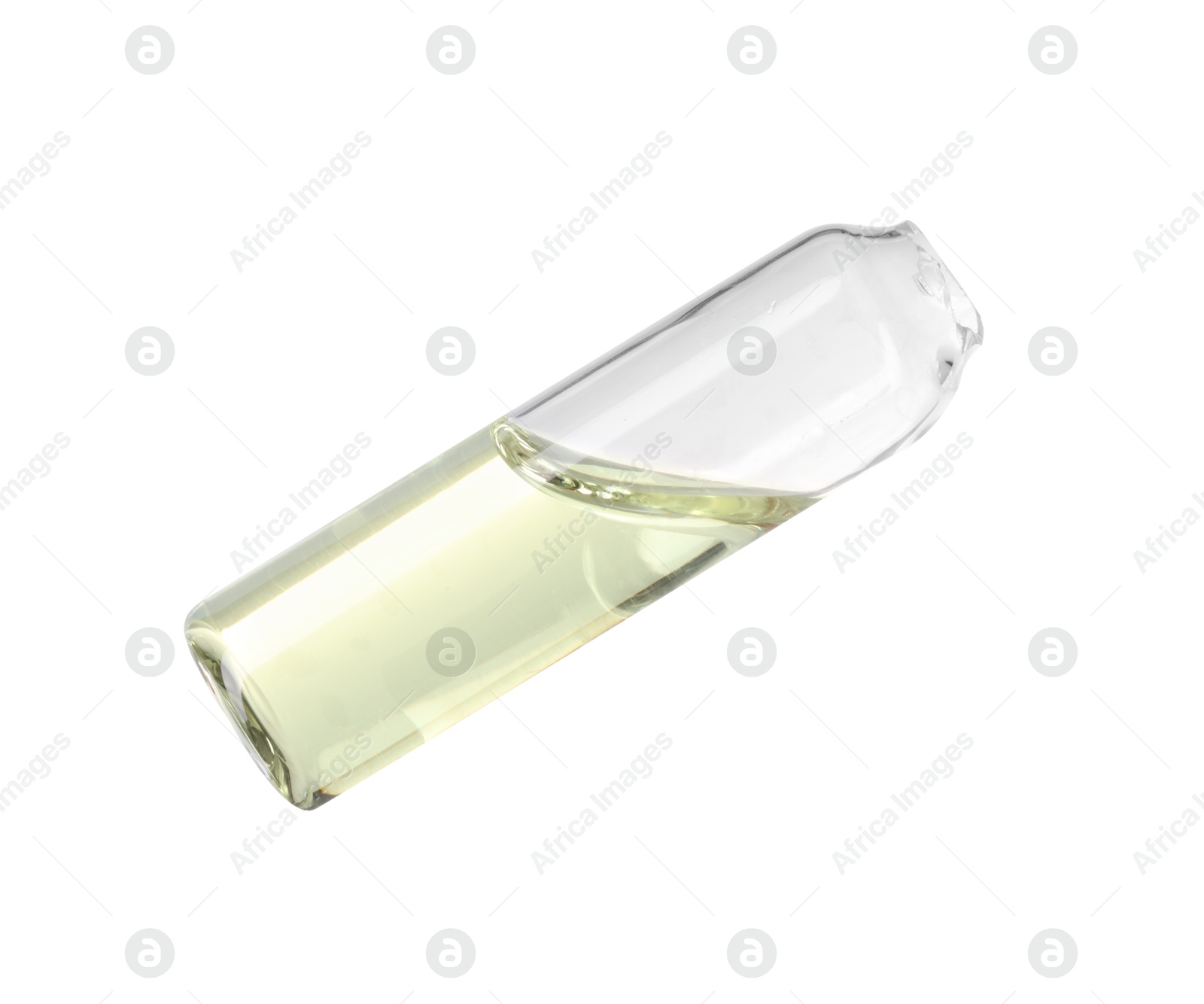 Photo of Open glass ampoule with liquid isolated on white