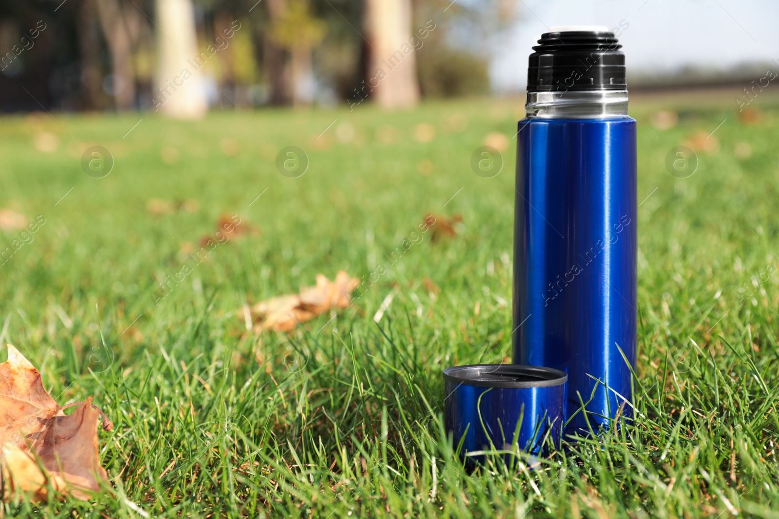 Photo of Modern blue thermos on green grass outdoors. Space for text