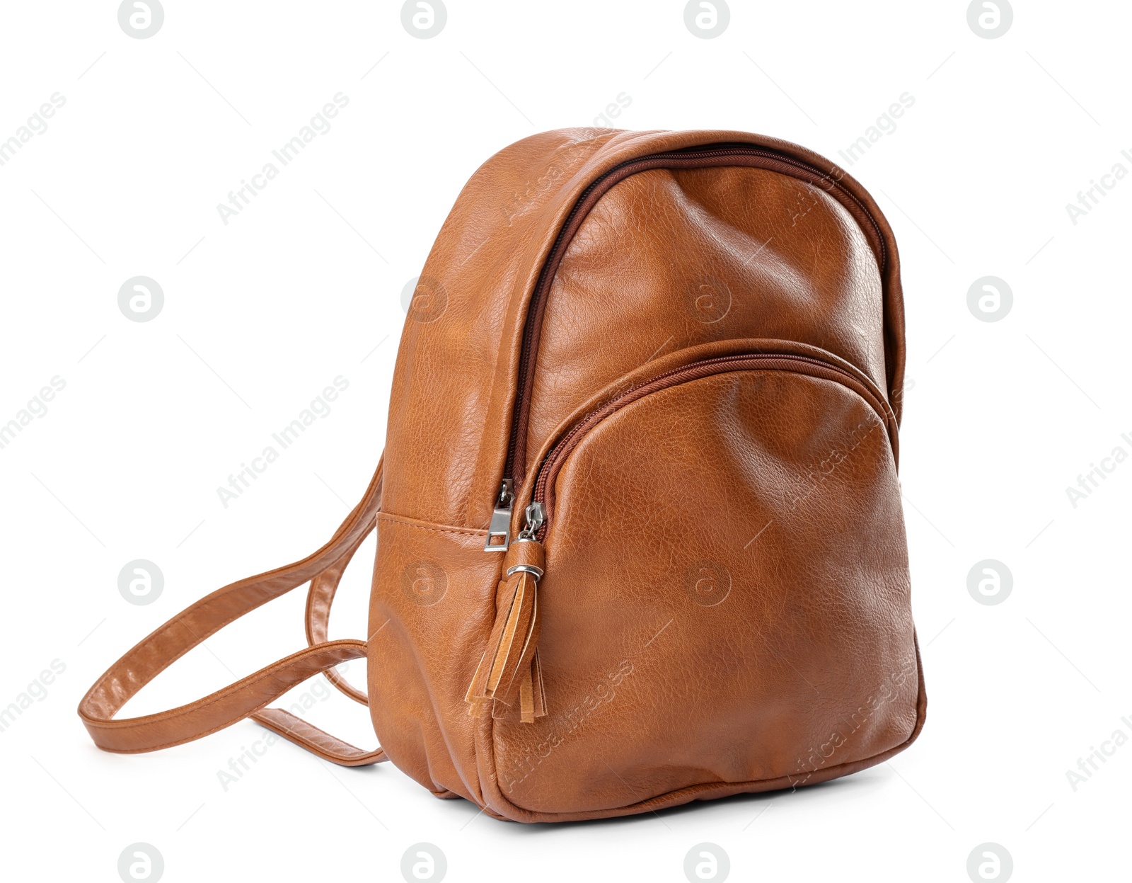 Photo of Stylish brown leather backpack isolated on white