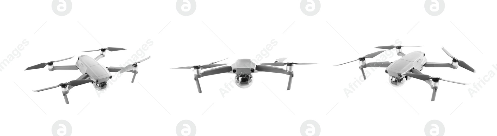 Image of Modern drone on white background, views from different sides. Banner design