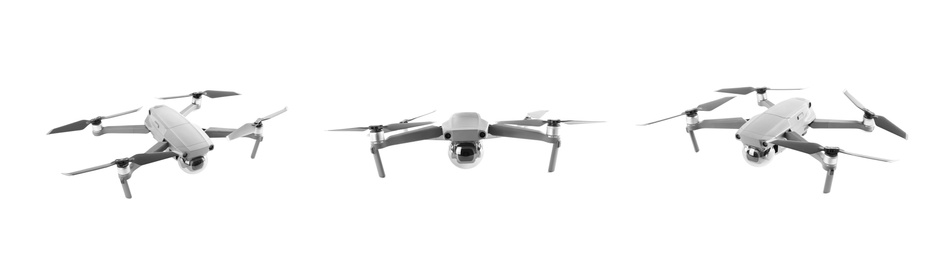 Modern drone on white background, views from different sides. Banner design