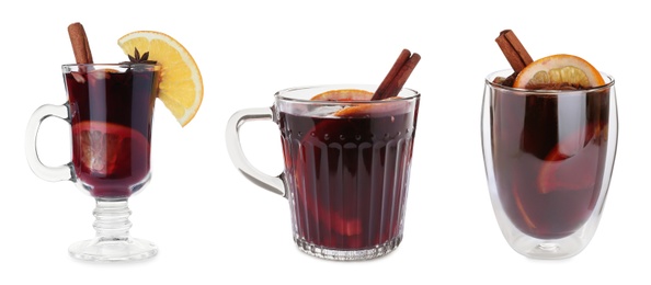 Image of Set of aromatic mulled wine on white background. Banner design