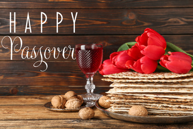 Composition with Passover matzos on wooden table. Pesach celebration