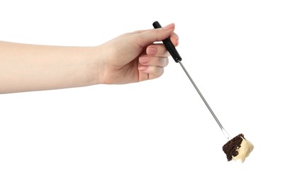 Tasty fondue. Woman holding fork with piece of bread and melted cheese on white background, closeup