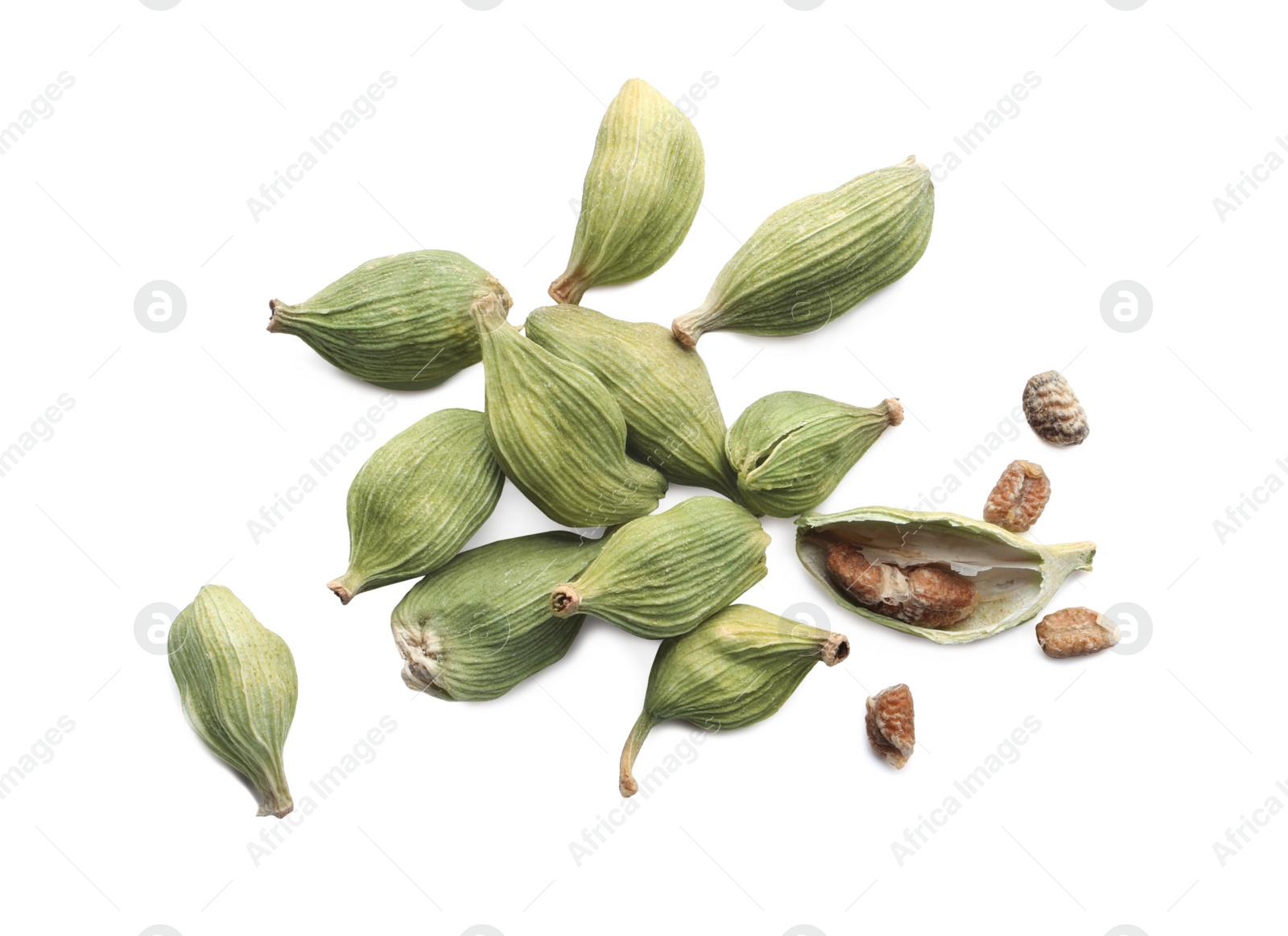 Photo of Pile of dry green cardamom pods on white background, top view