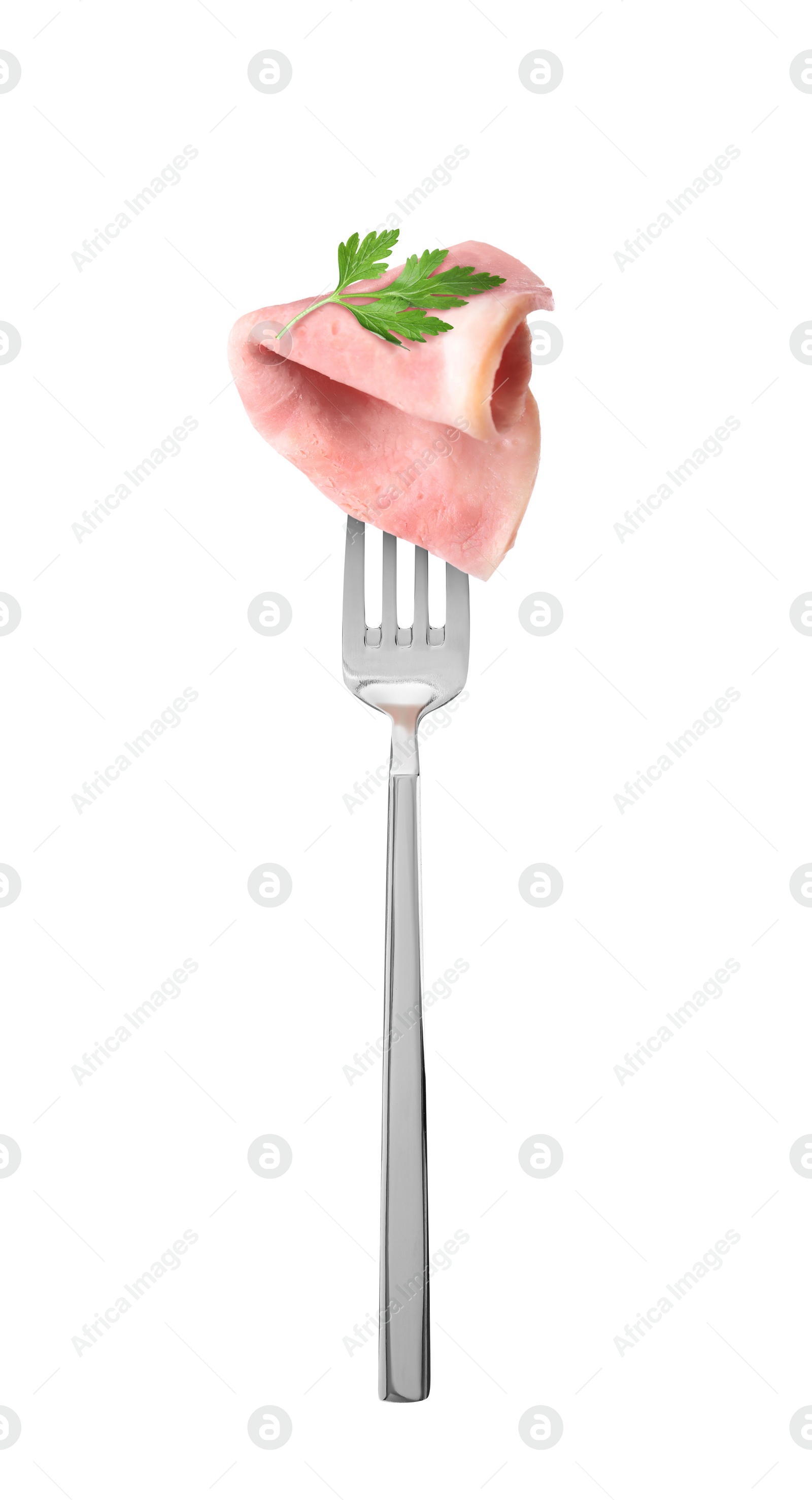 Image of Fork with tasty ham isolated on white