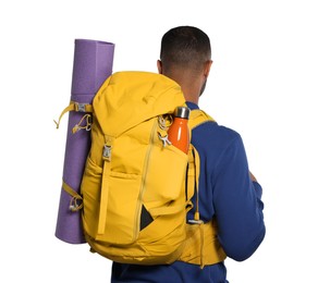 Photo of Tourist with backpack on white background, back view