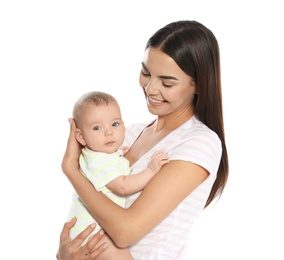 Photo of Portrait of happy mother with her baby isolated on white