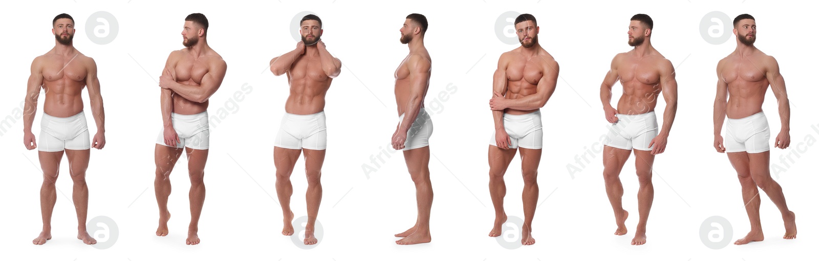 Image of Handsome man in stylish underwear on white background, set of photos