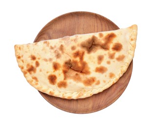 Photo of Delicious calzone on white background, top view