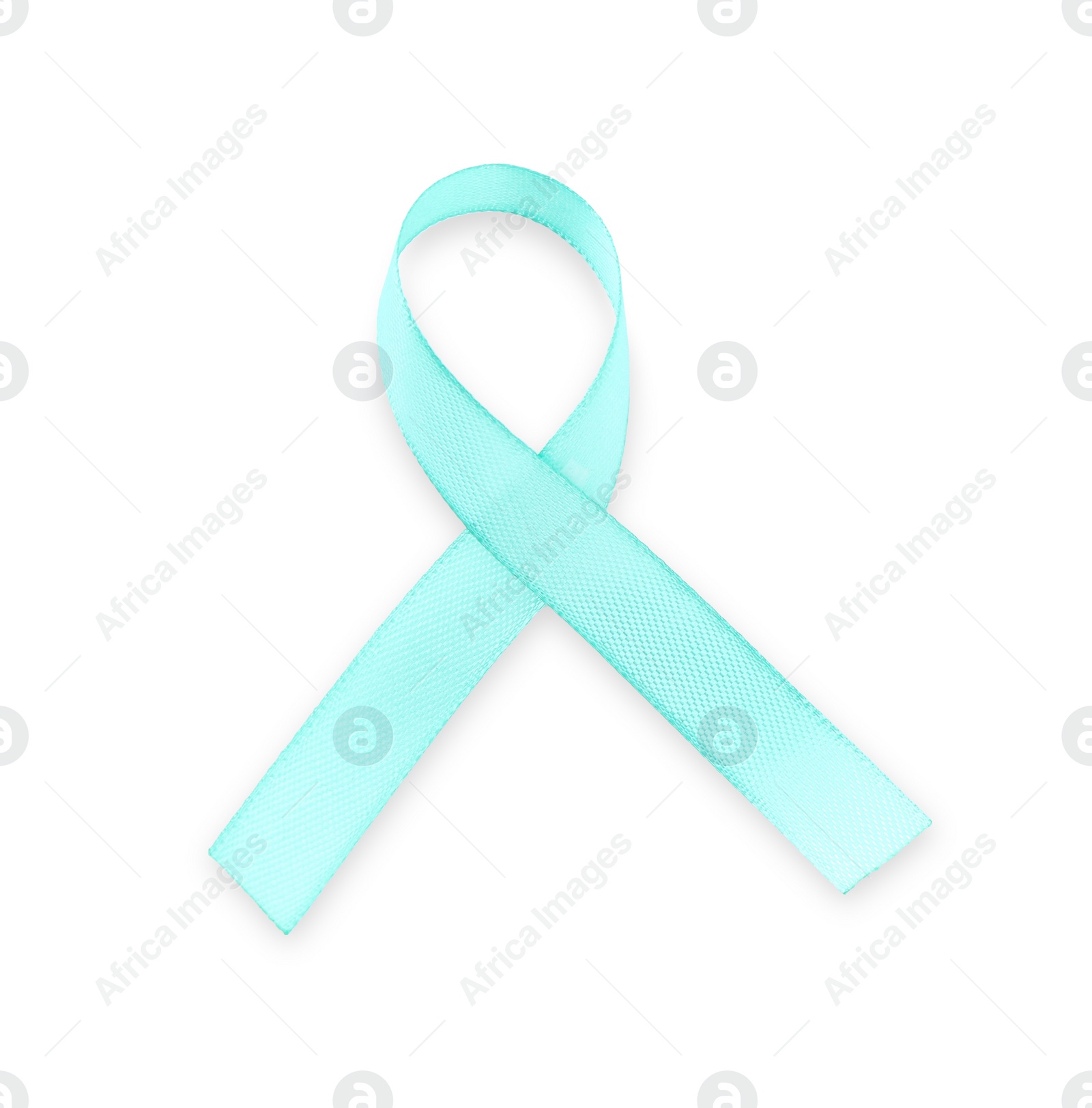 Photo of Turquoise awareness ribbon isolated on white, top view