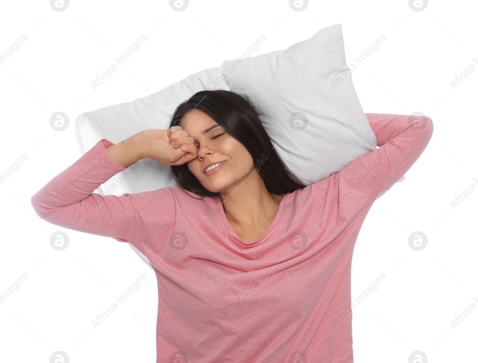 Photo of Sleepy young woman with soft pillow on white background