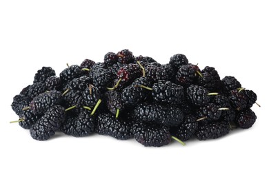 Pile of ripe black mulberries on white background