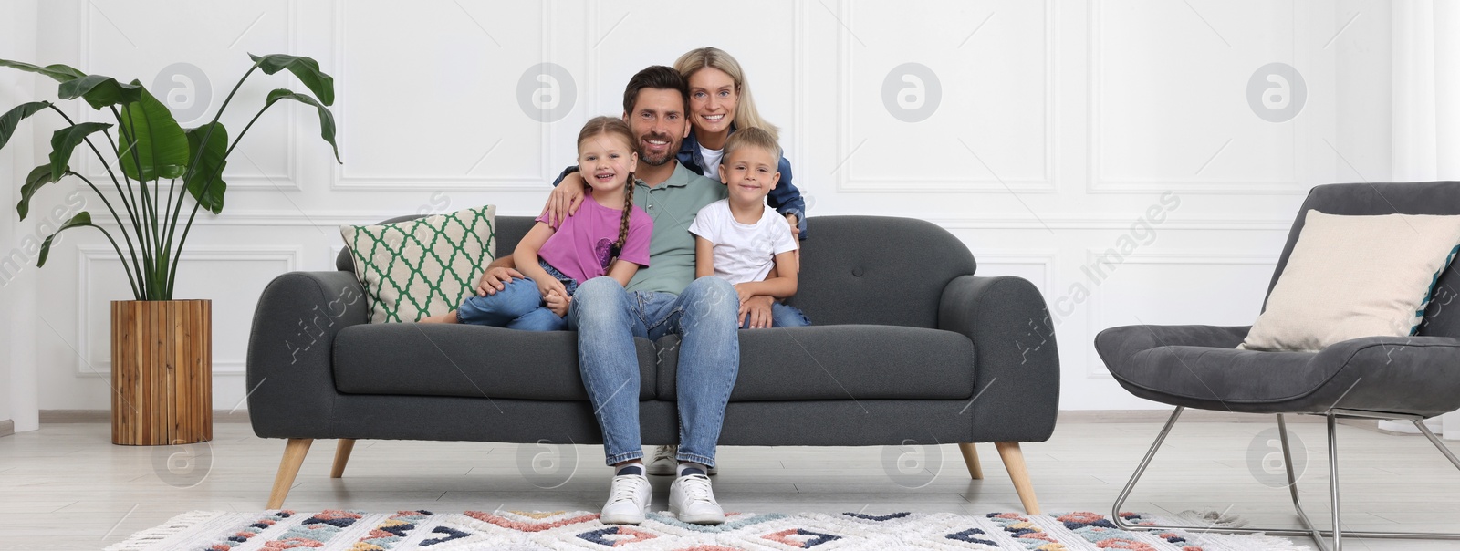 Image of Happy family with children at home. Banner design