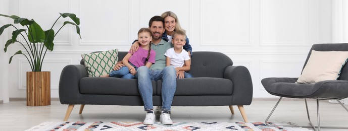 Happy family with children at home. Banner design