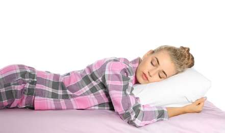 Photo of Beautiful woman sleeping with comfortable pillow on bed against white background