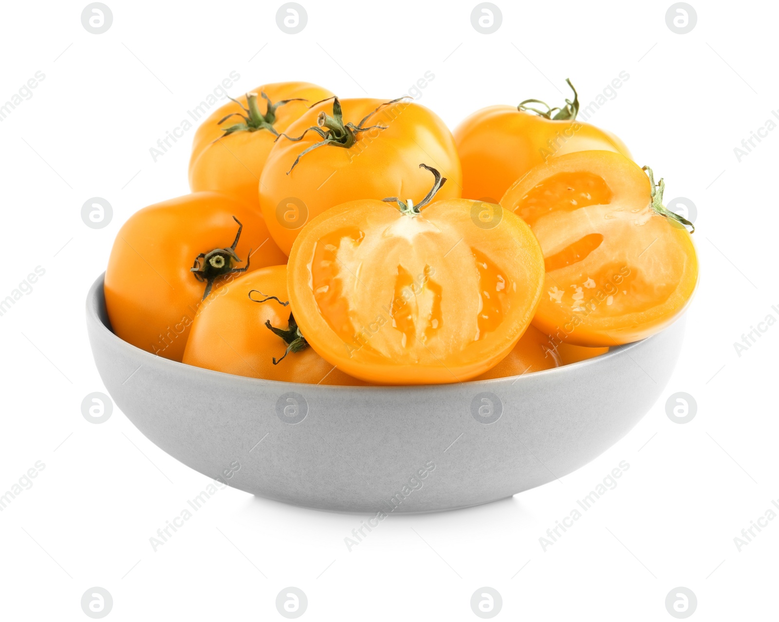 Photo of Bowl of fresh ripe yellow tomatoes isolated on white