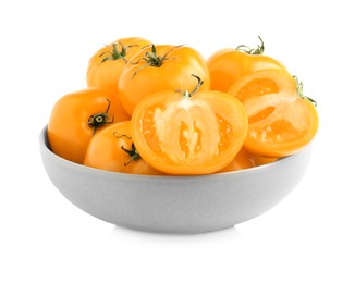 Photo of Bowl of fresh ripe yellow tomatoes isolated on white