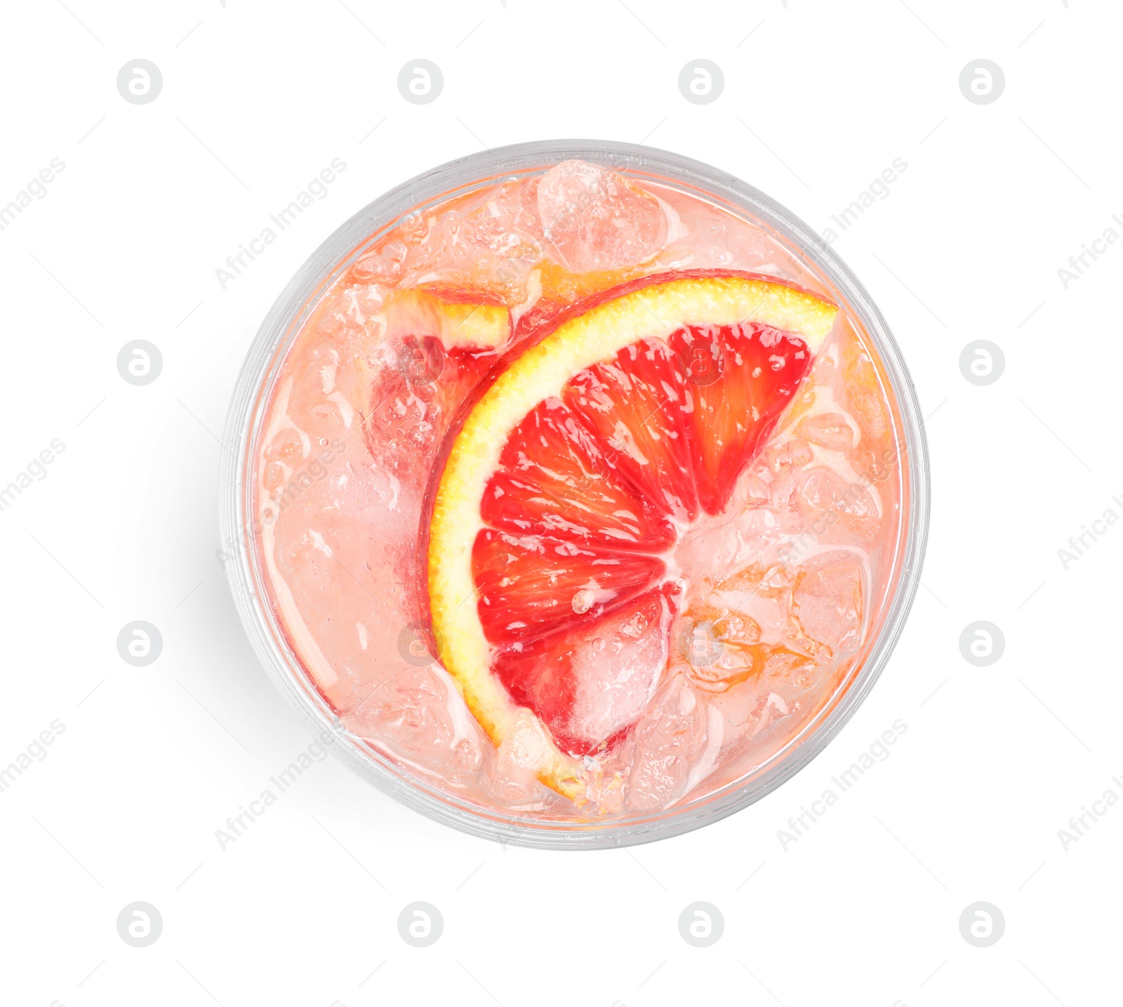 Photo of Delicious refreshing drink with sicilian orange and ice cubes in glass isolated on white, top view