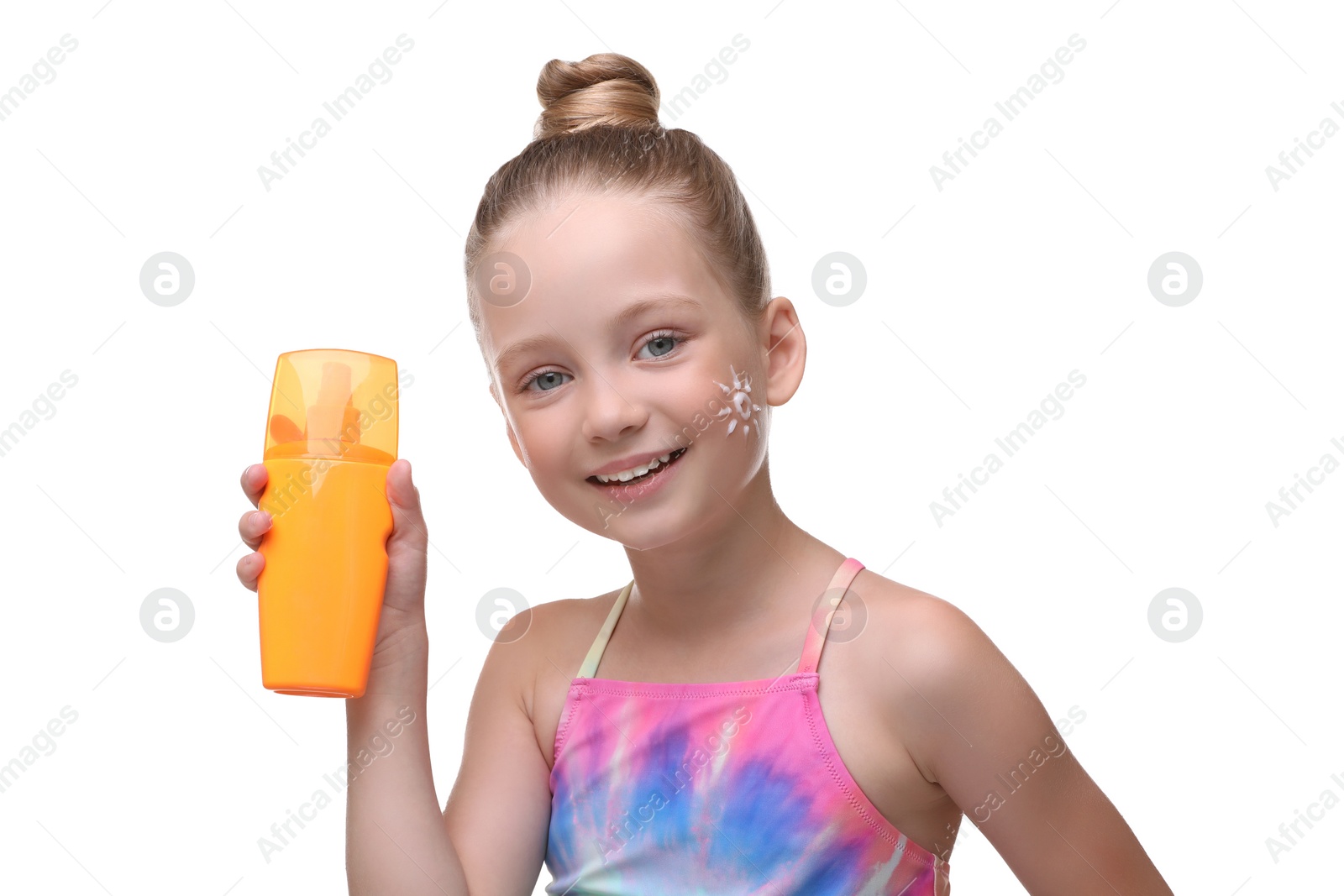 Photo of Happy girl with sun protection cream isolated on white