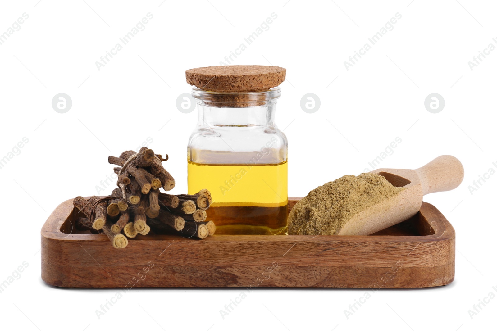 Photo of Dried sticks of licorice root, powder and essential oil isolated on white