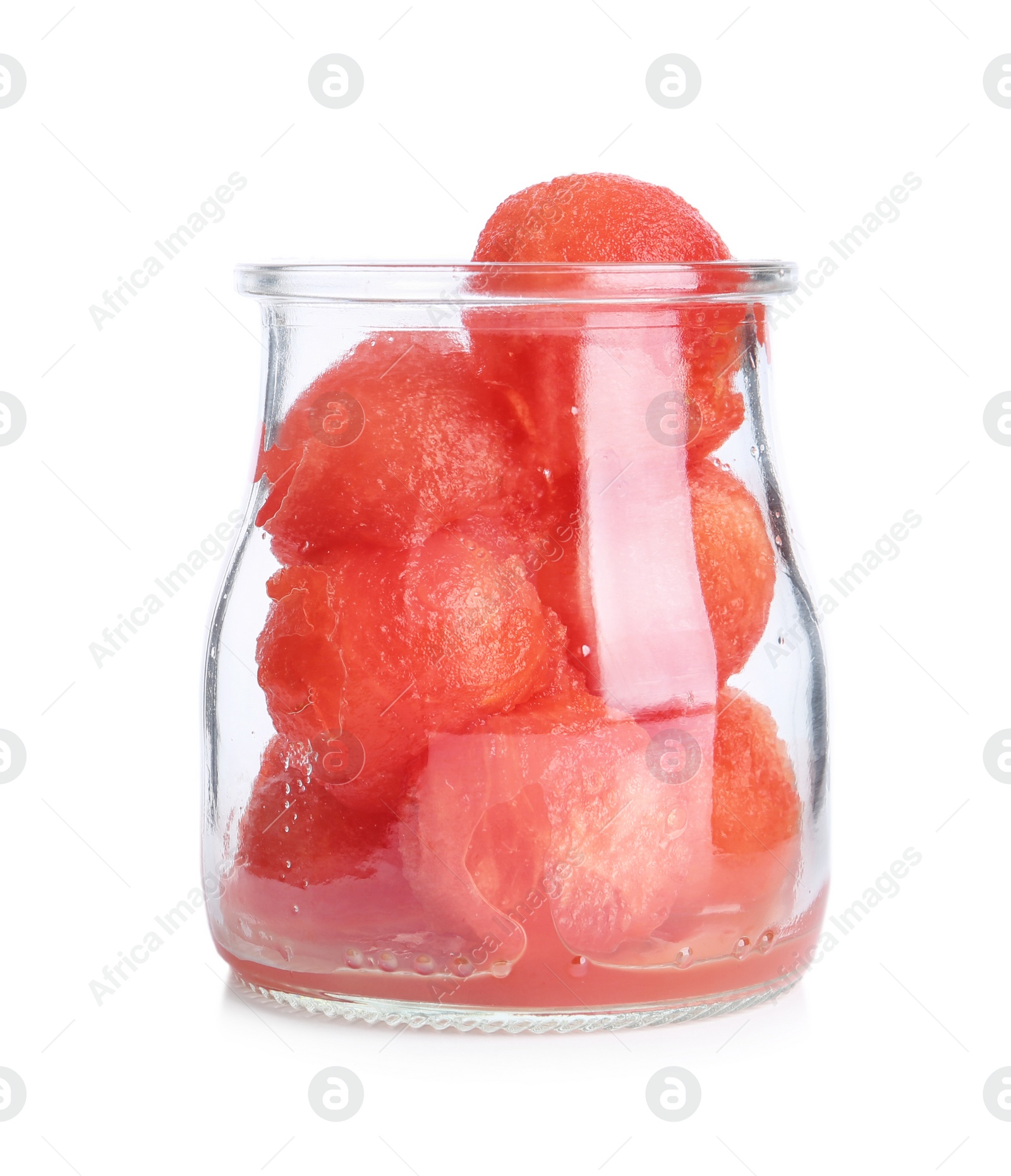 Photo of Glass jar of watermelon balls on white background