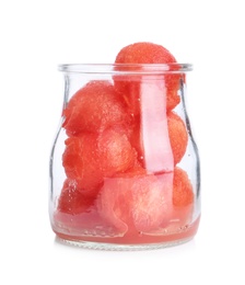 Photo of Glass jar of watermelon balls on white background