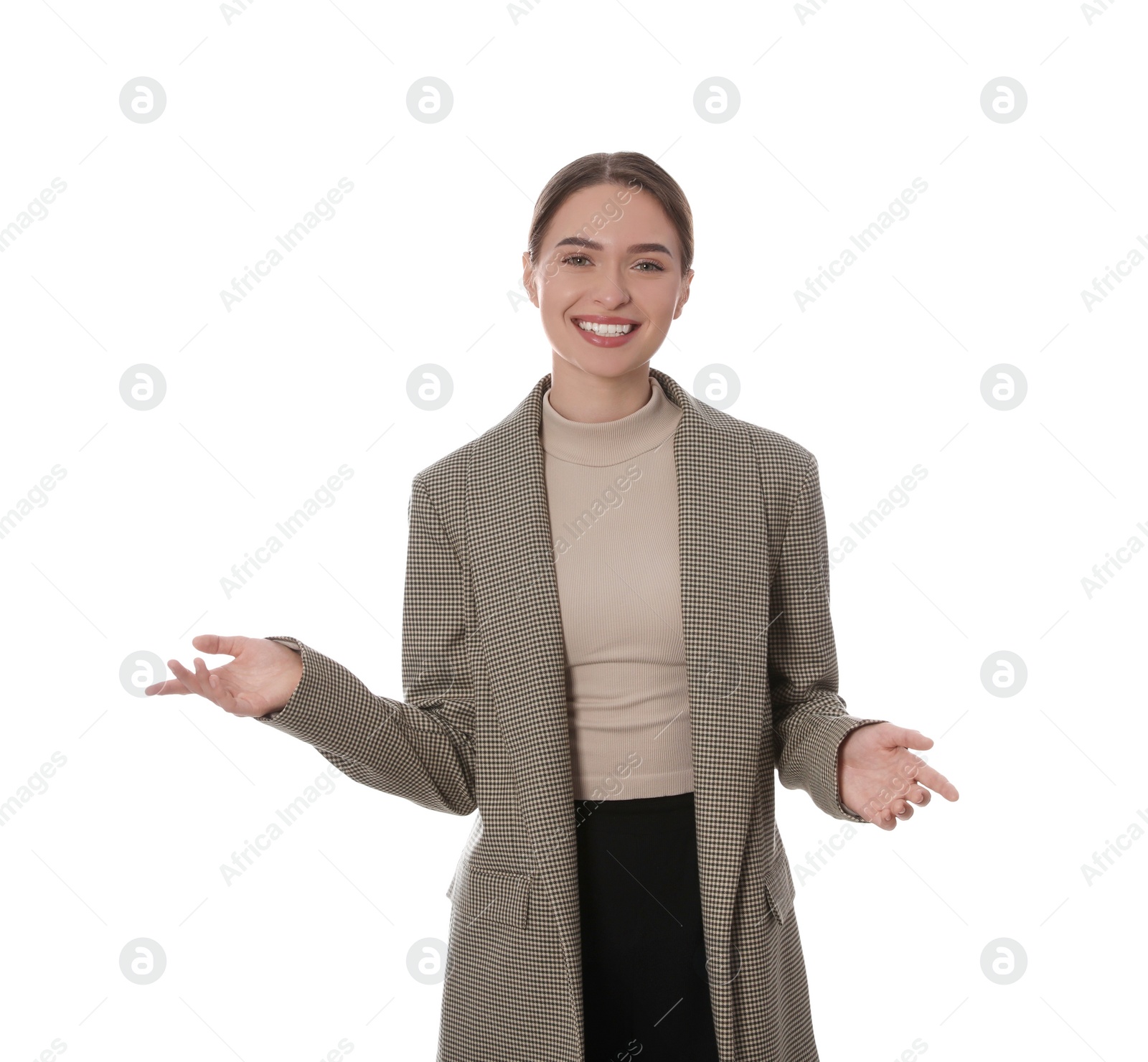 Photo of Beautiful woman on white background. Weather forecast reporter