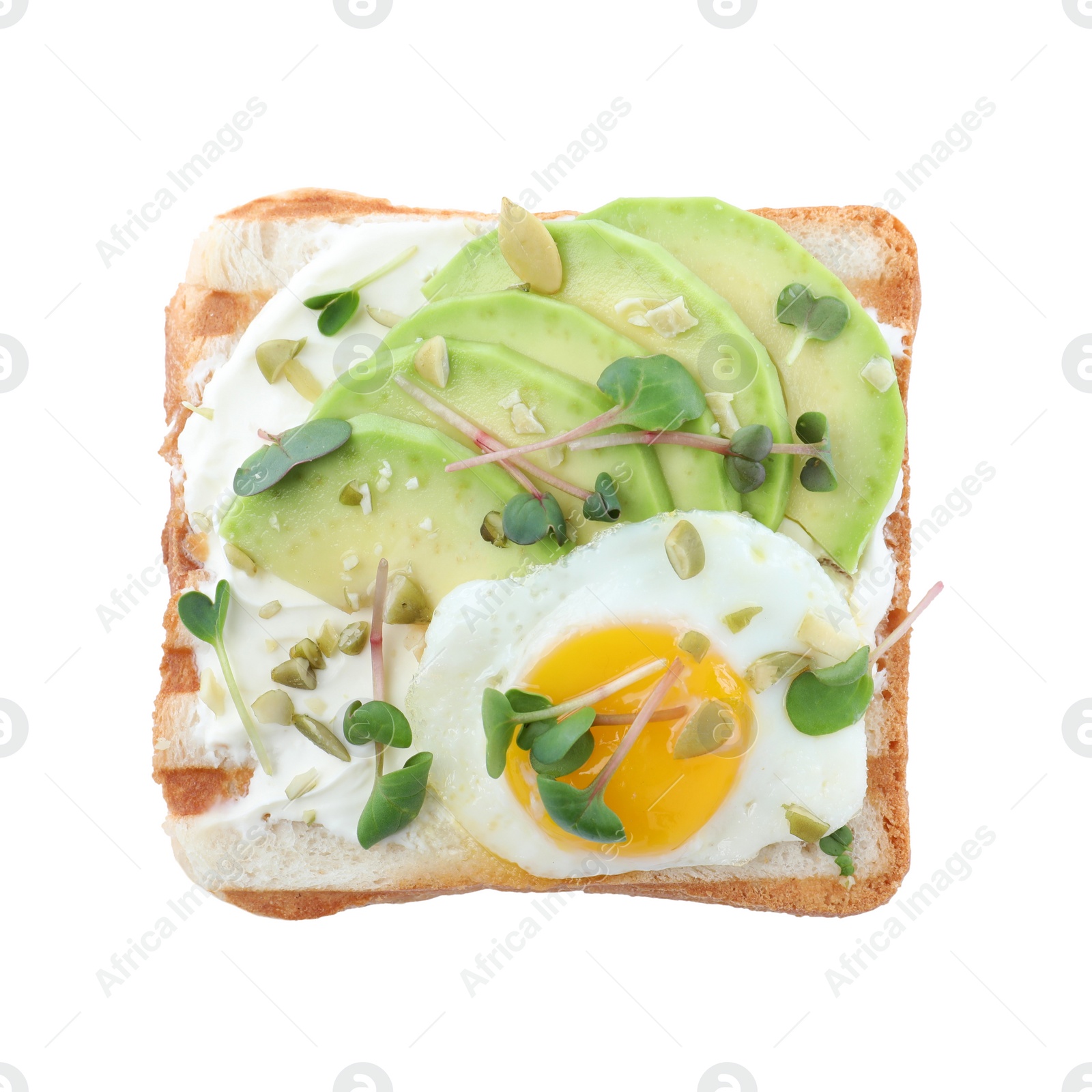 Photo of Delicious sandwich with avocado, egg, cream cheese and microgreens isolated on white, top view