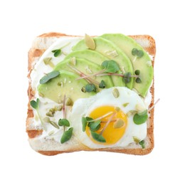 Delicious sandwich with avocado, egg, cream cheese and microgreens isolated on white, top view
