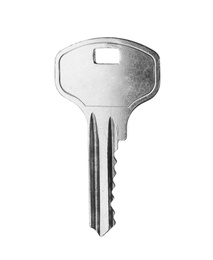Photo of One modern steel key on white background